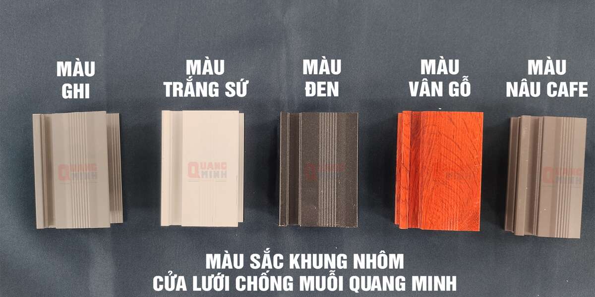 Mẫu cắt 5 màu khung nhôm trong rèm vải sợi Visor: màu ghi, màu trắng sức, màu đen, vân gỗ, nâu cafe