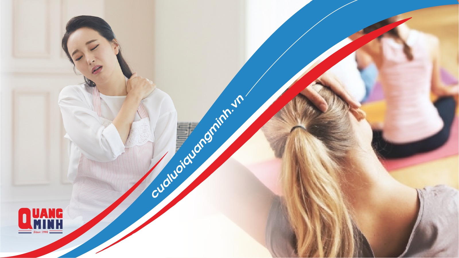 Người phụ nữ đang bị đau mỏi vai gáy (hình trái), người phụ nữ đang tập bài tập giãn cơ (hình phải)