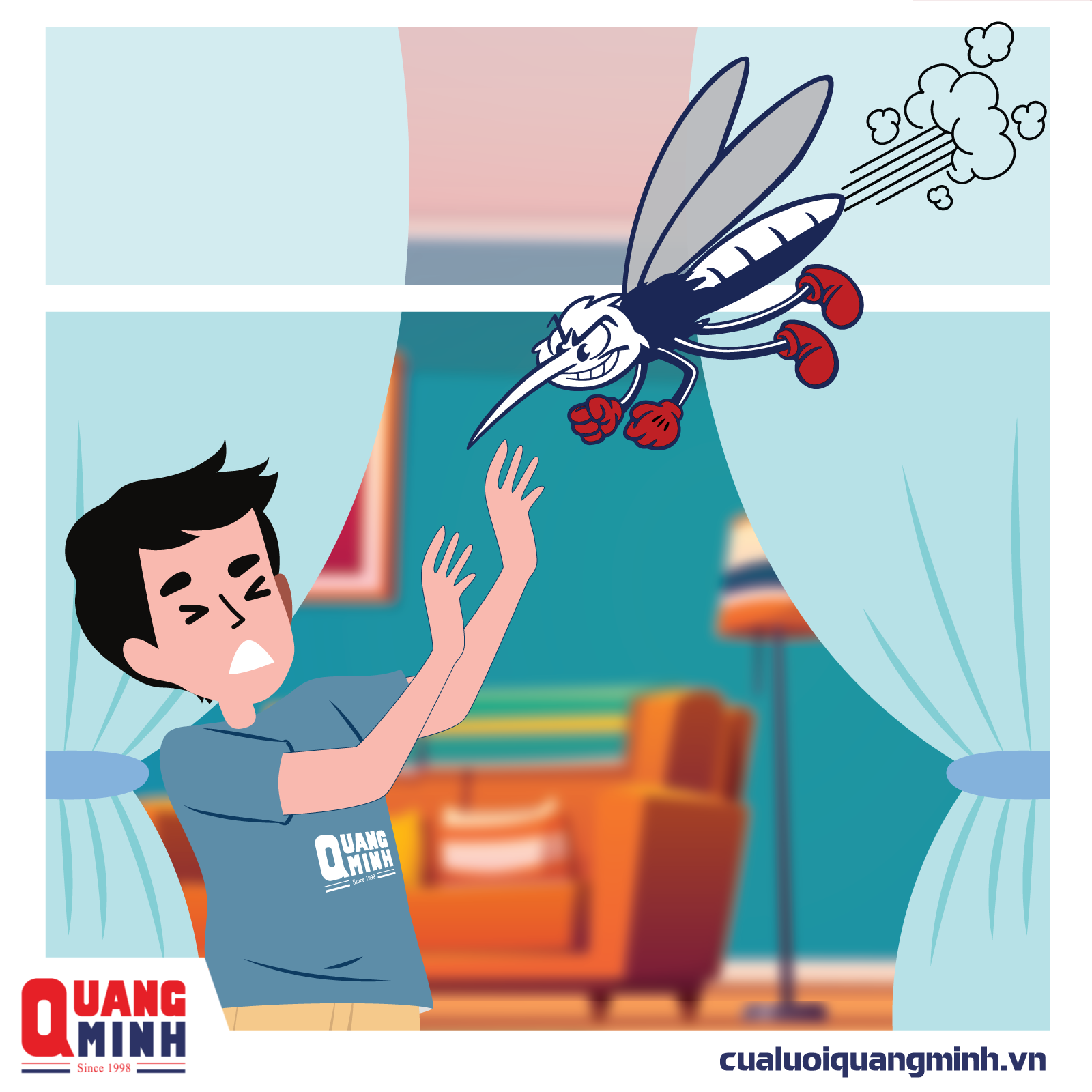 Hình ảnh người đàn ông đứng bên cửa sổ sợ hãi vì bị muỗi tấn công