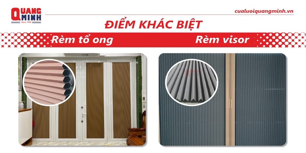 Rèm tổ ong lắp ở cửa đi (hình trái), rèm visor lắp ở cửa sổ (hình phải)