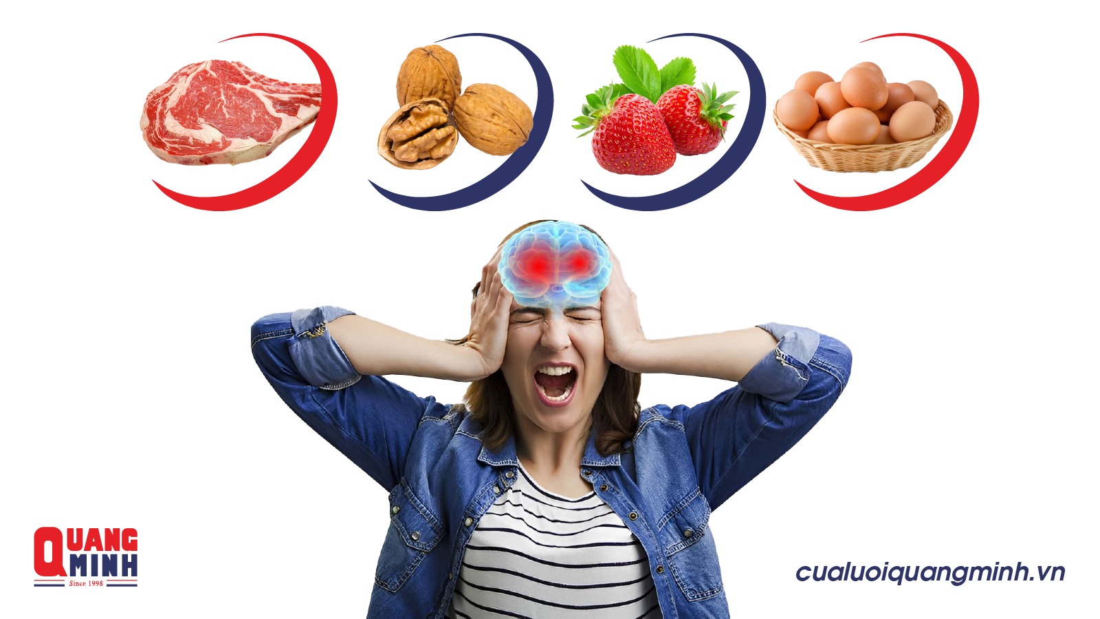 Một người phụ nữ đang ôm đầu đau đớn, trong đầu có hình cái não đang ửng đỏ, phía trên là các loại thực phẩm người đó nên dùng: ốc chó, trứng, thị bò, dâu tây,....