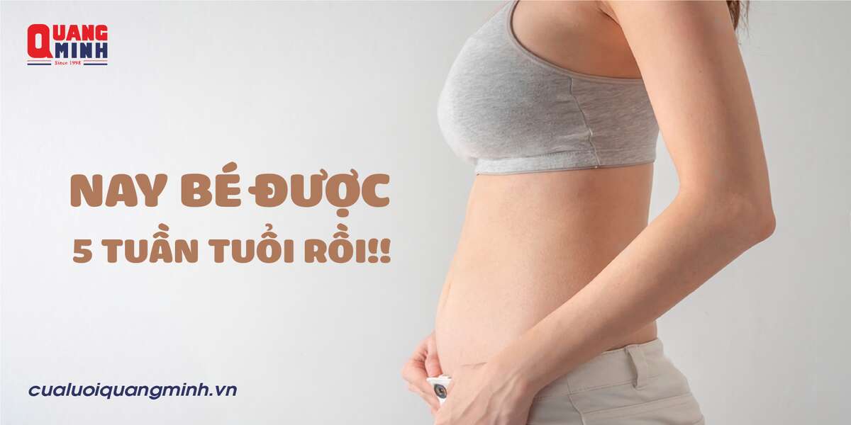 người phụ nữ mặc áo ngắn để lộ phần bụng và dòng chữ bé được 5 tuần tuổi nằm bên trái ảnh