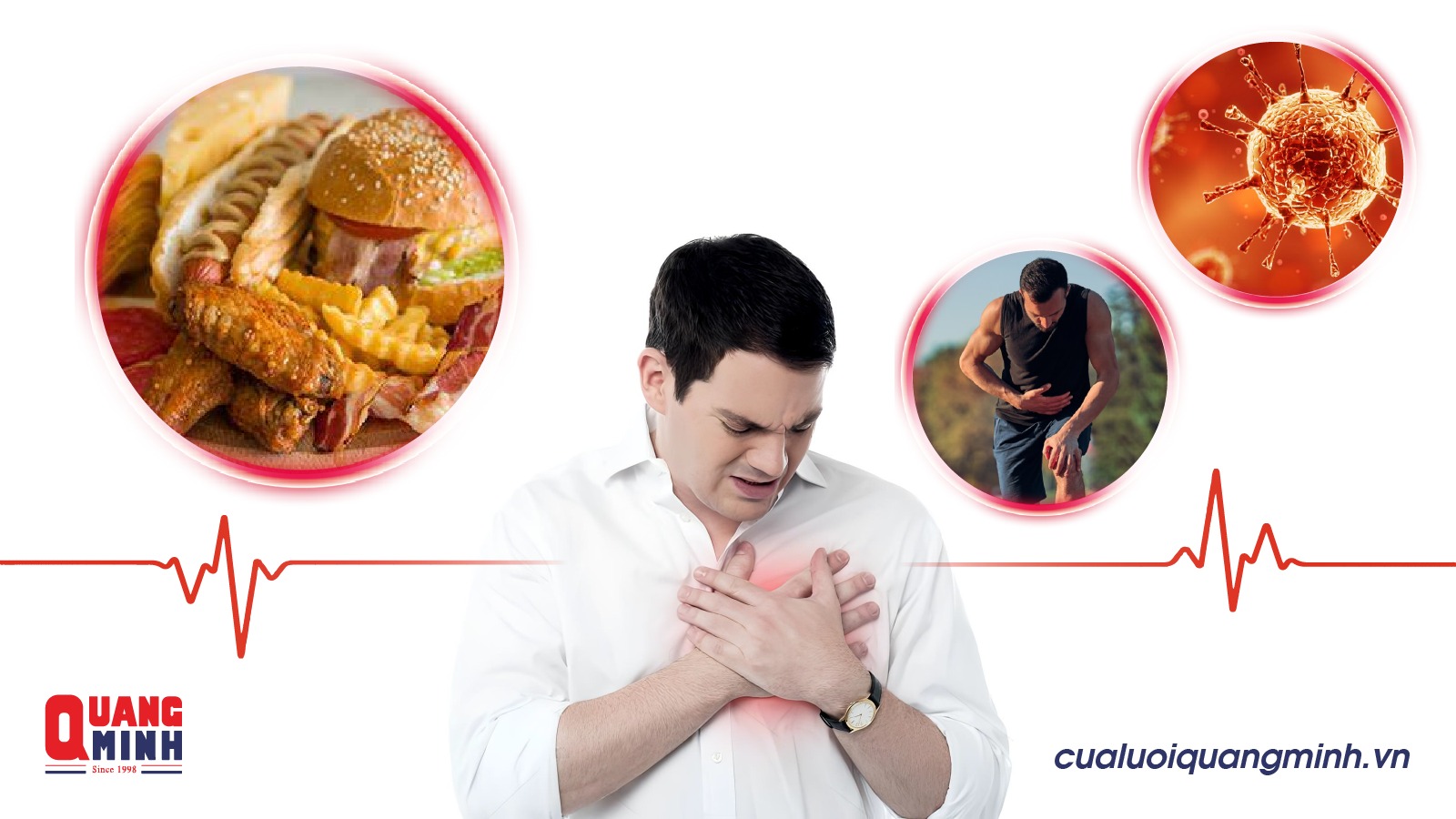 người đàn ông đang ôm ngực, trên đầu là những vòng tròn chứa thực phẩm, virus và tập luyện thể thao quá sức
