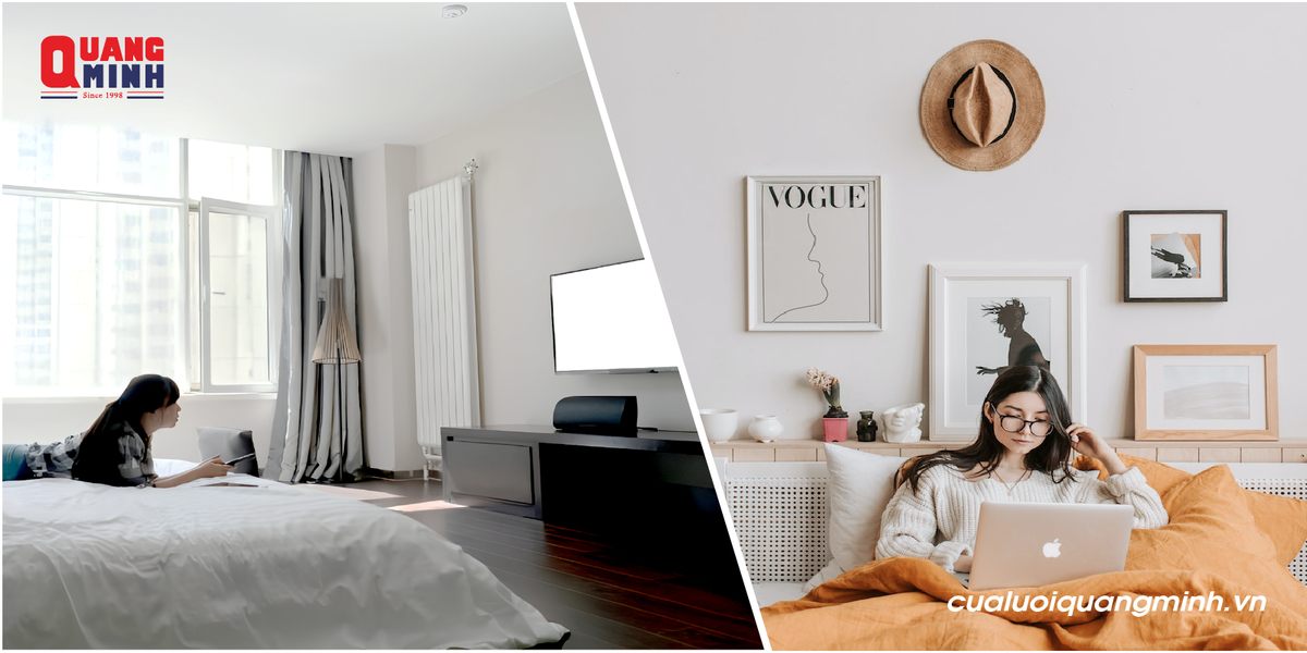 Hình ảnh một phòng ngủ được thiết kế đơn giản, có một cô gái đang nằm xem tivi và hình một cô gái đang ngồi làm việc trong một căn phòng ngủ