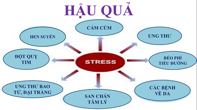 Sơ đồ diễn tả các hệ lụy do stress gây ra như cảm cúm, huyên xuyễn, béo phì...