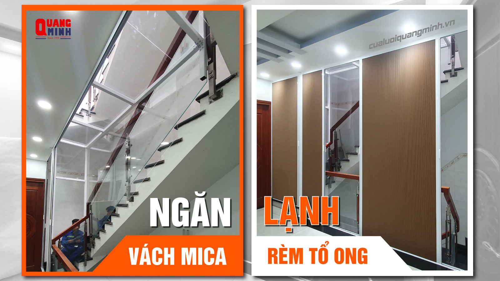 bên trái là hình ảnh vách mica lắp giữa giếng trời; bên phải là rèm tổ ong được lắp ở hành lang